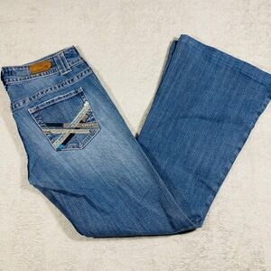 Vigoss Flare Jeans Women 9 Blue Distressed Paint Splatter Embroidered Low Rise